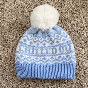 Blue and White Wimems Pom-Pom Beanie